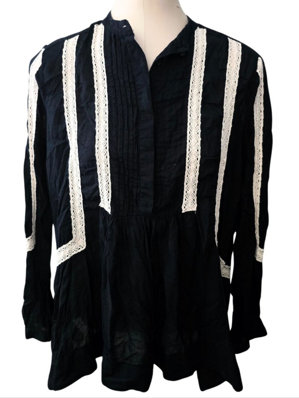 Maria Cher Black Crochet Lace Pintuck Cotton Tunic Blouse Size 2 Bohemian